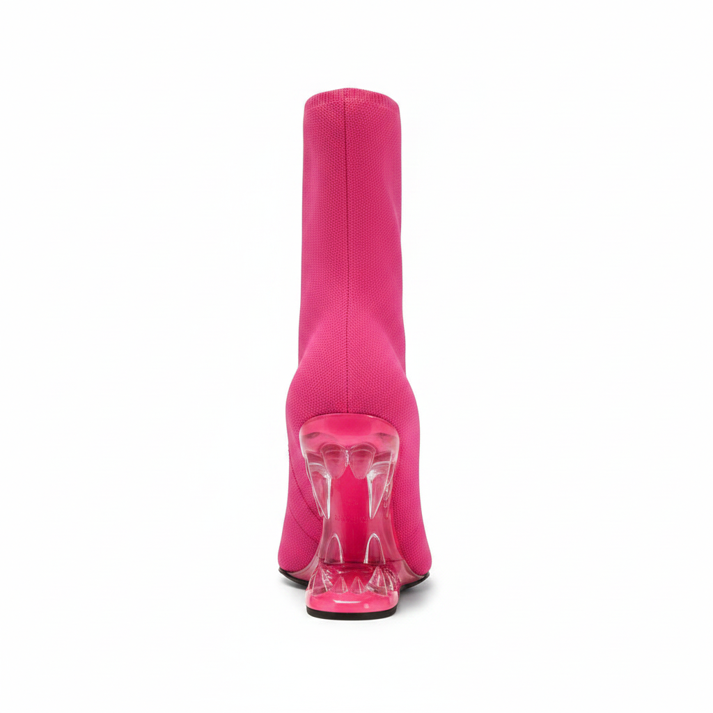 Pink Knit Ankle Boots with Transparent Pink Fang Heel