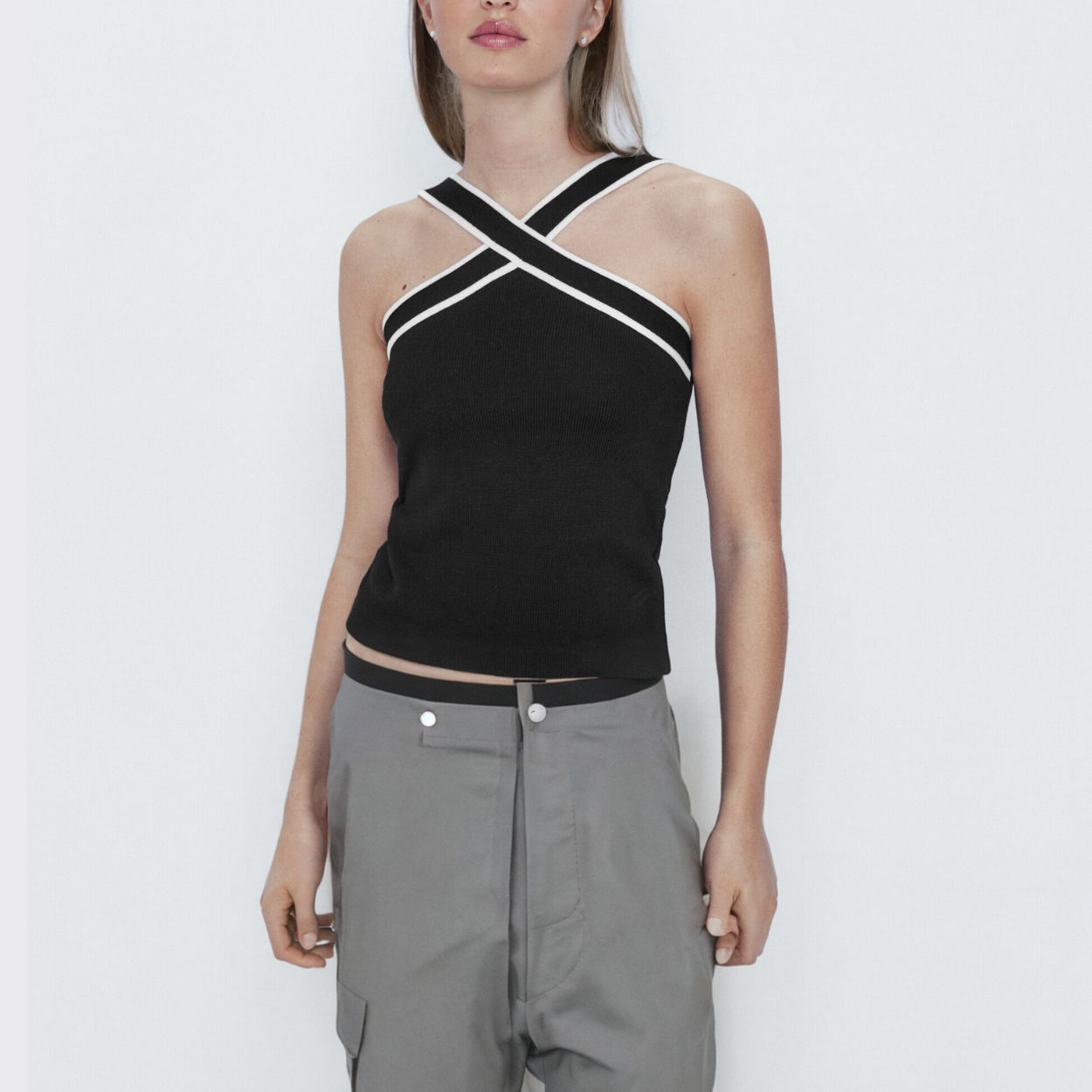 Knit Top With Contrasting Trim Strap