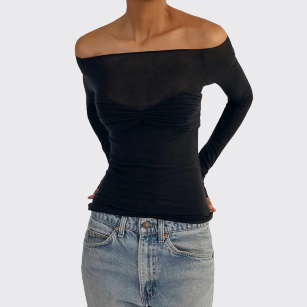 Black Long Sleeve See Through Knit Off The Shoulder Top