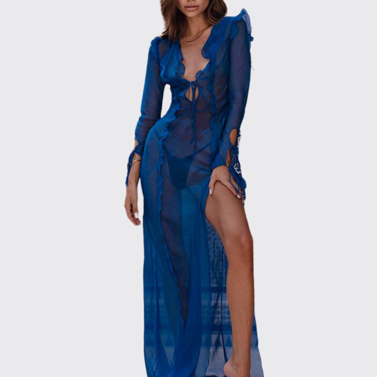 Blue Sheer Maxi Cover Up Dress With Ruffle Details