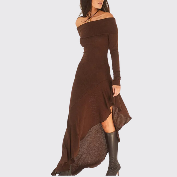 Brown Off Shoulder Long Sleeve Ruffle Slit Dress – ADONIS BOUTIQUE