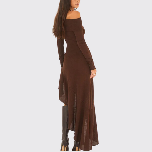 Brown Off Shoulder Long Sleeve Ruffle Slit Dress