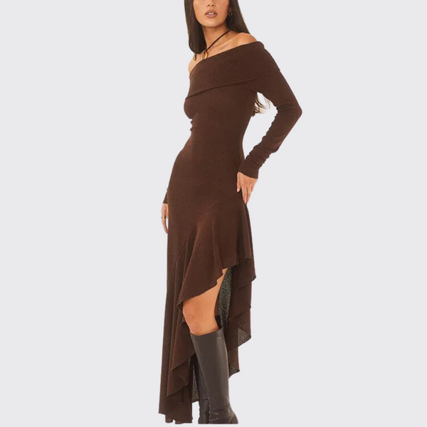 Brown Off Shoulder Long Sleeve Ruffle Slit Dress – ADONIS BOUTIQUE