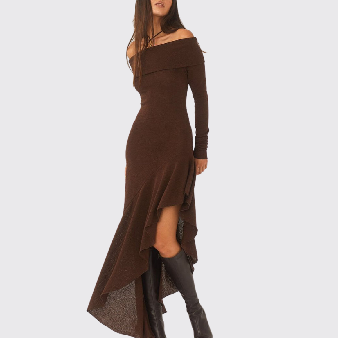 Brown Off Shoulder Long Sleeve Ruffle Slit Dress
