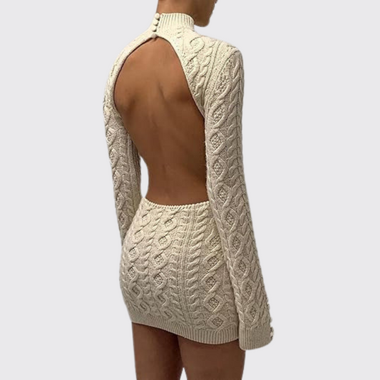 Beige Open Back Knit Mini Turtleneck Dress