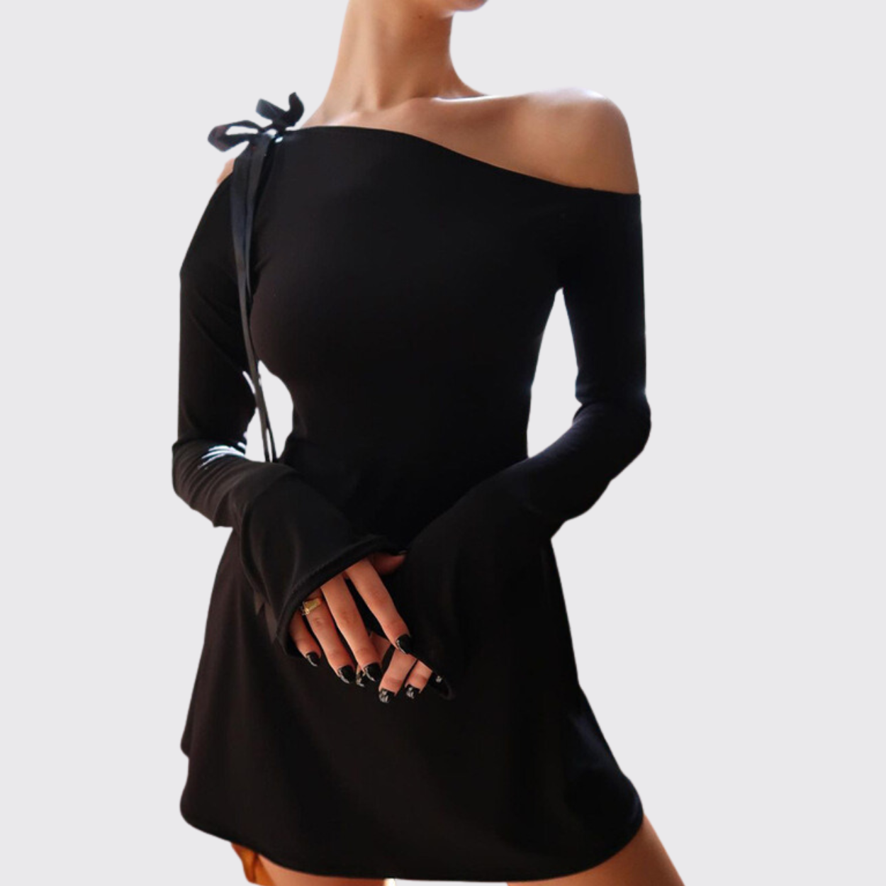 Black Long-Sleeve Cold Shoulder Mini Dress