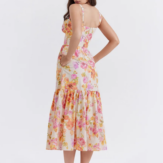 Cream White Floral Layered Midi A-Line Dress