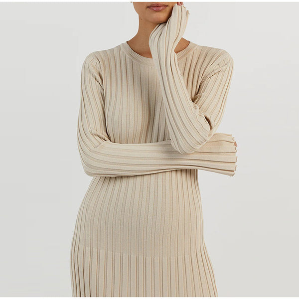 Beige Long Sleeve Knit Midi Dress