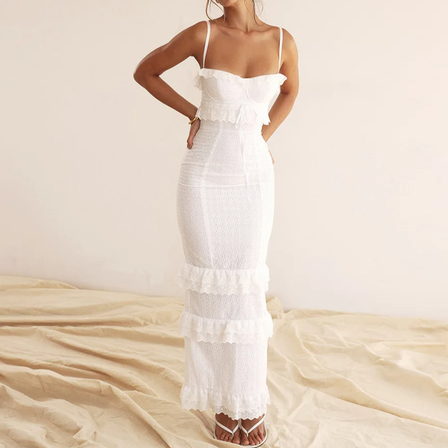 White Broderie Anglaise Maxi Ruffle Dress