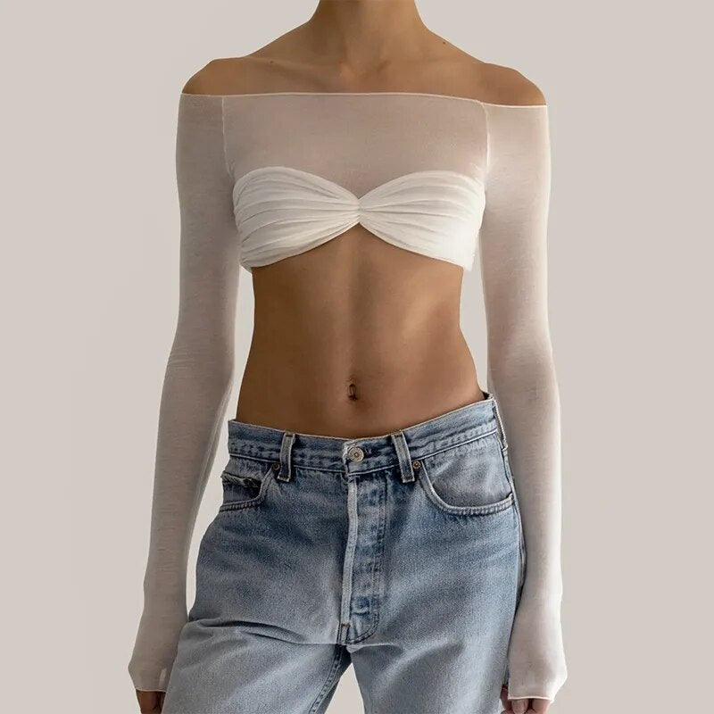 White Long Sleeve See Through Knit Off The Shoulder Crop Top