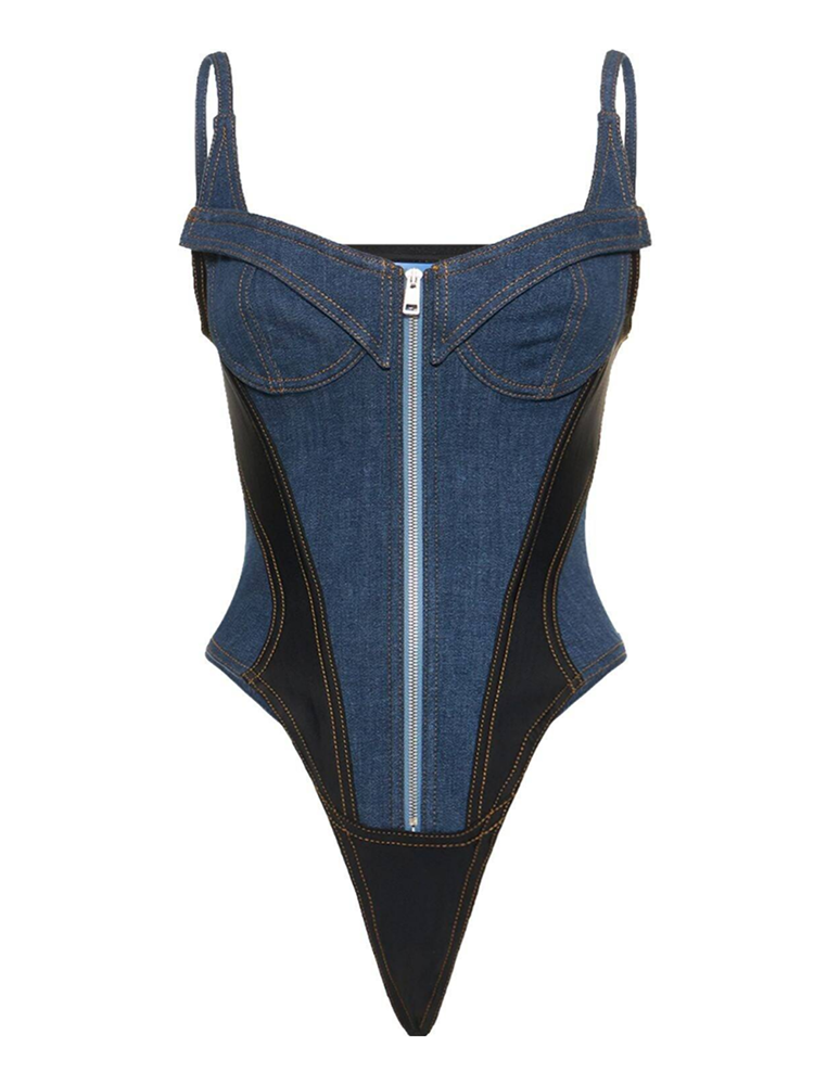 Blue Front Zip Corset Denim Bodysuit ADONIS BOUTIQUE