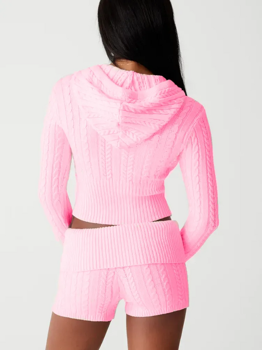 Pink Two-Piece Knit Sweatsuit Shorts Set