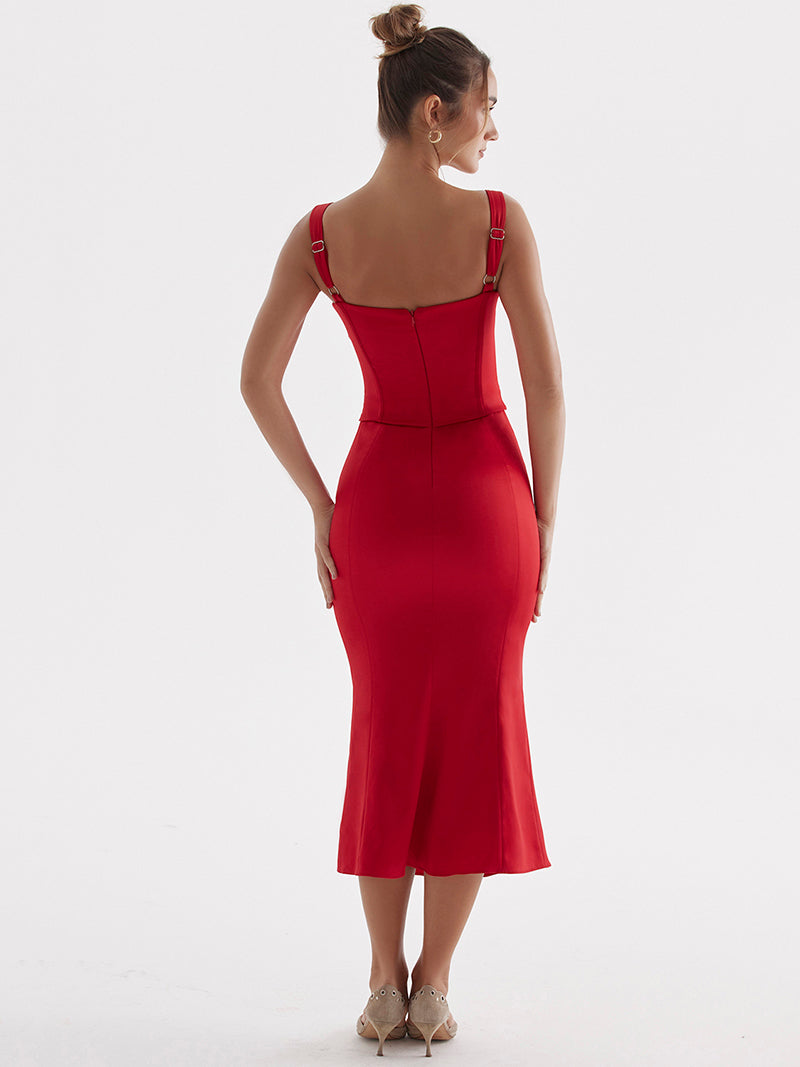 Red Front Strap Backless Dress