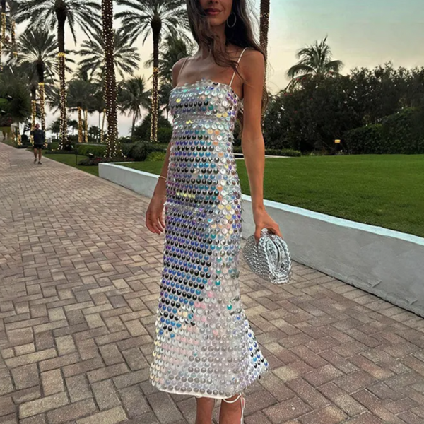 silver embellished midi dress Silver Sequin-embellished Midi Dress – ADONIS BOUTIQUE