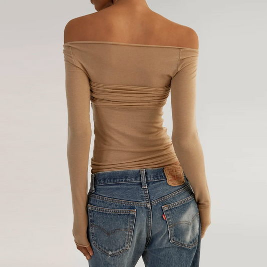 Beige Long Sleeve See Through Knit Off The Shoulder Top