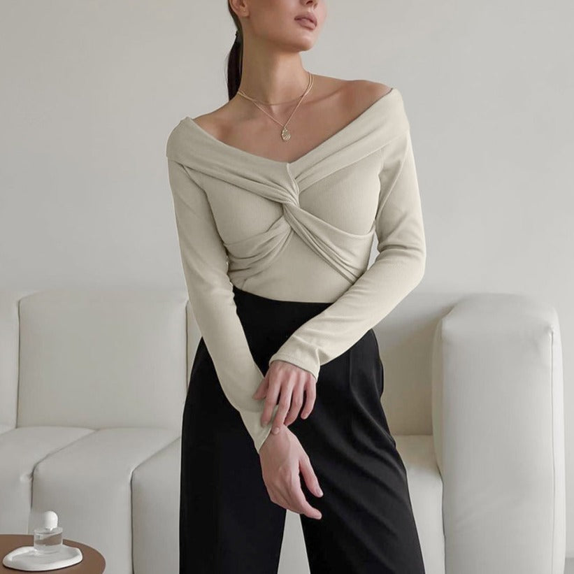 Beige Cross Front Long Sleeve Knitted Top