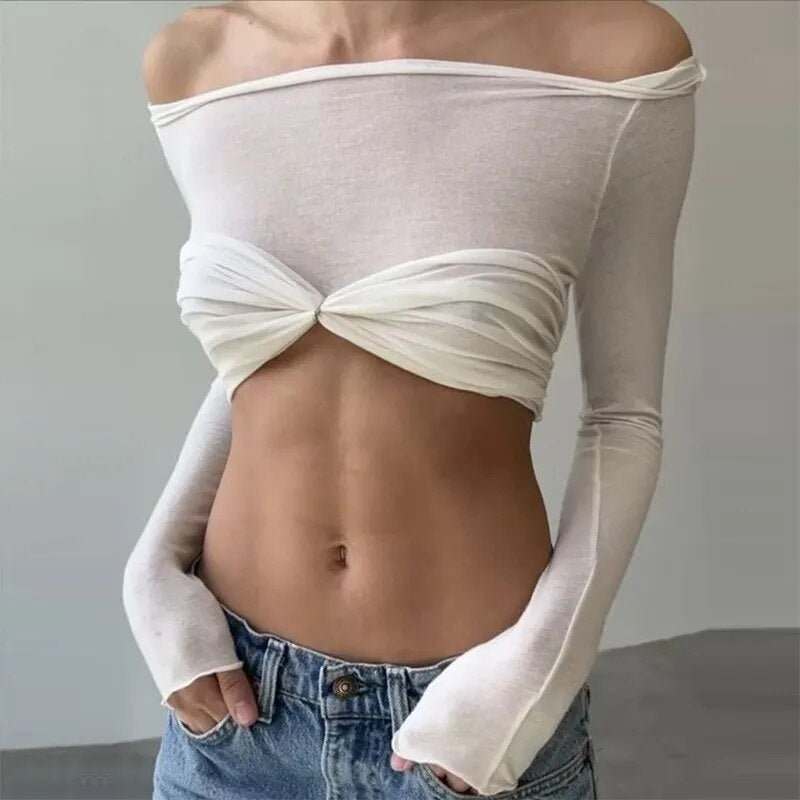 White Long Sleeve See Through Knit Off The Shoulder Crop Top