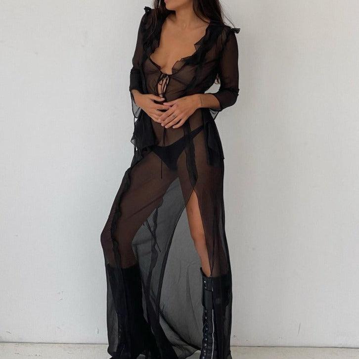 Black Sheer Maxi Cover Up Dress With Ruffle Details