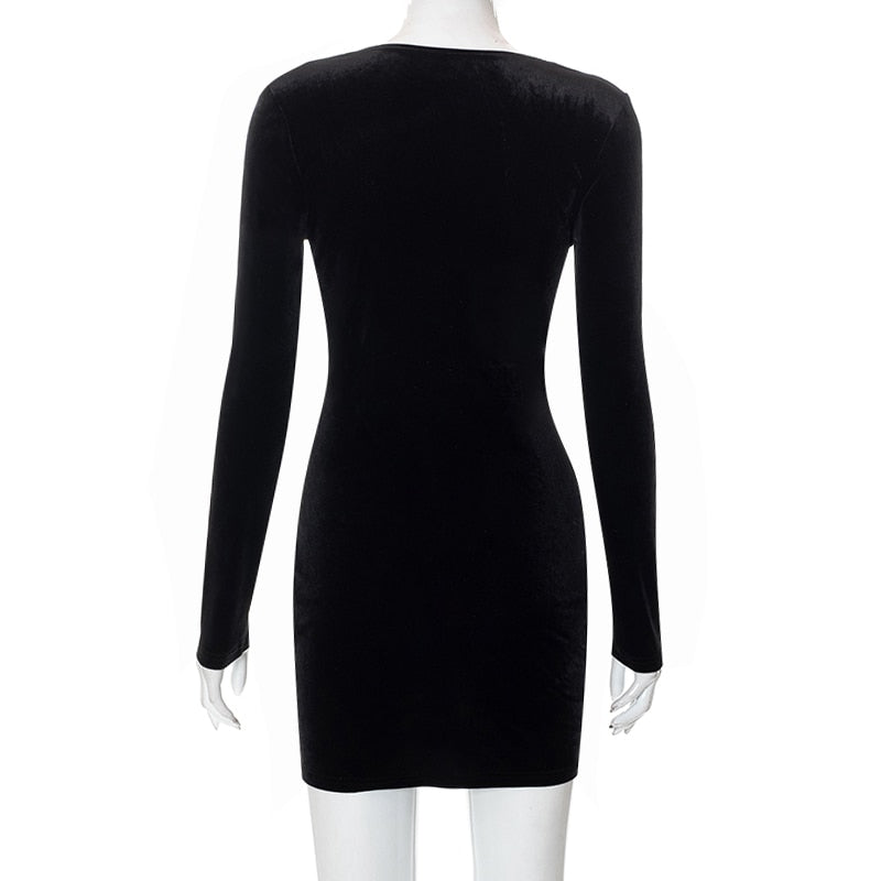 Black Velvet Mini Dress With Long Sleeves