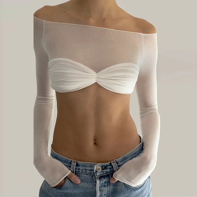 White Long Sleeve See Through Knit Off The Shoulder Crop Top