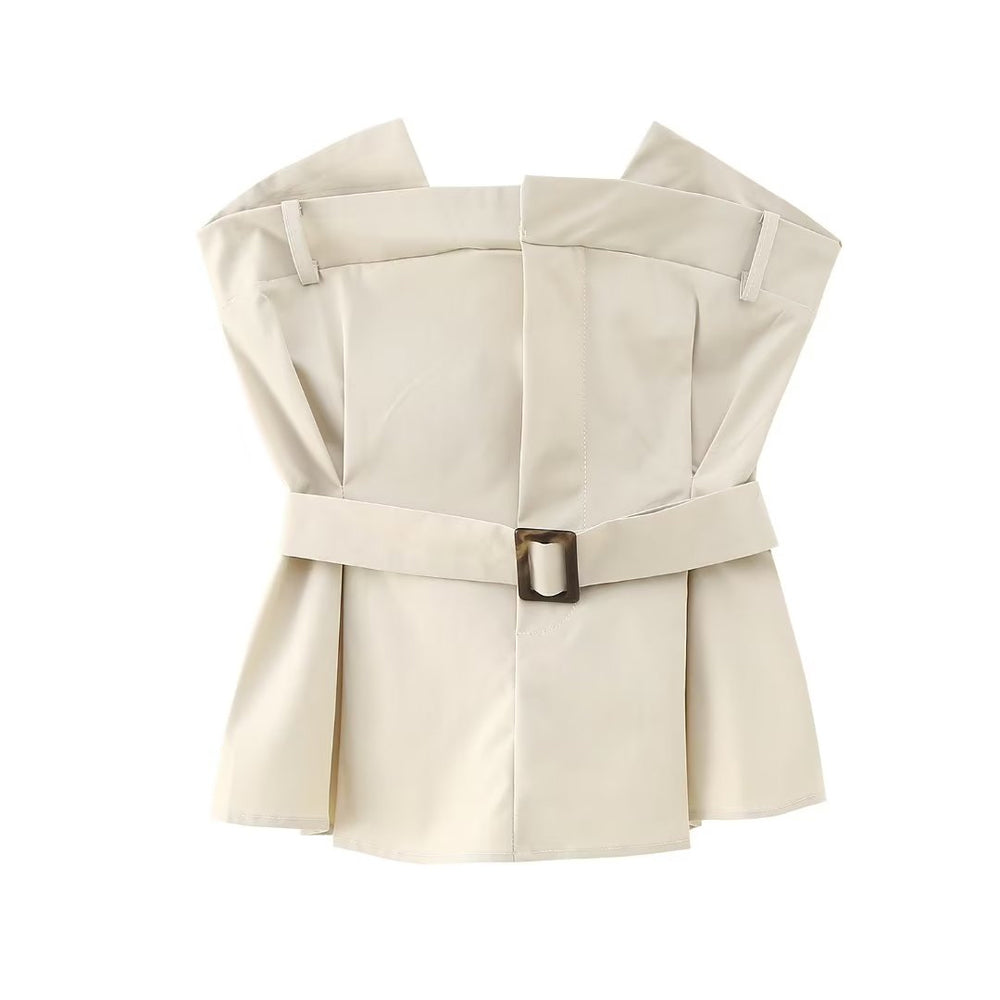 Beige Sleeveless Belted Top