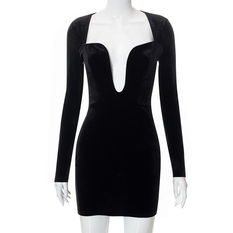 Black Velvet Mini Dress With Long Sleeves