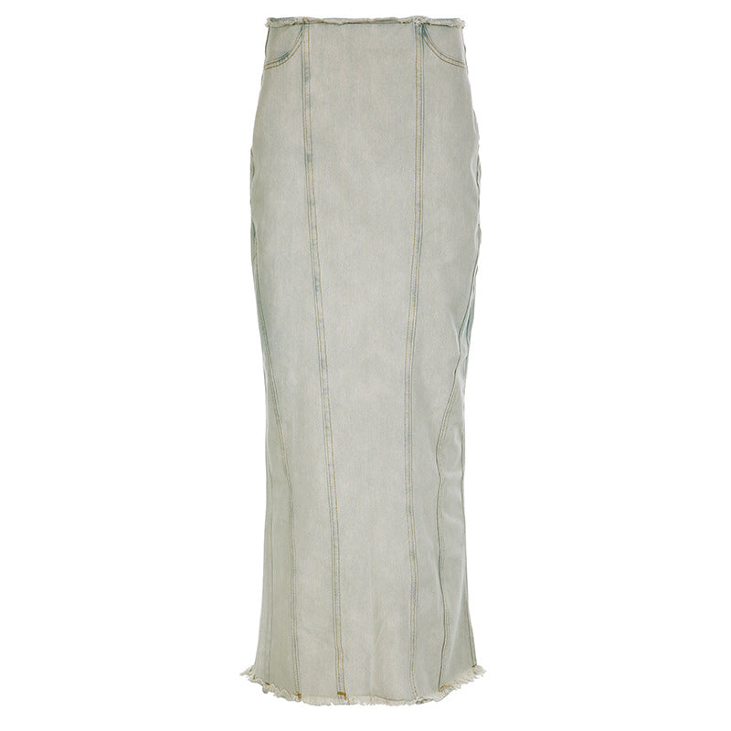 Low Waist Back Slit Maxi Denim Skirt