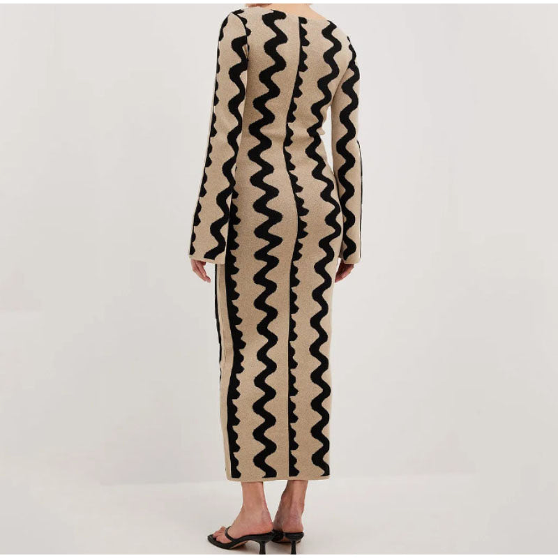 Knitted Flare Long Sleeve Maxi Dress
