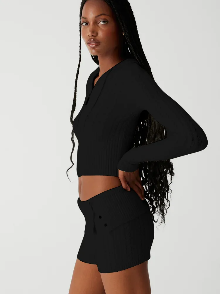 Black Two Piece Knit Sweatsuit Shorts Set ADONIS BOUTIQUE