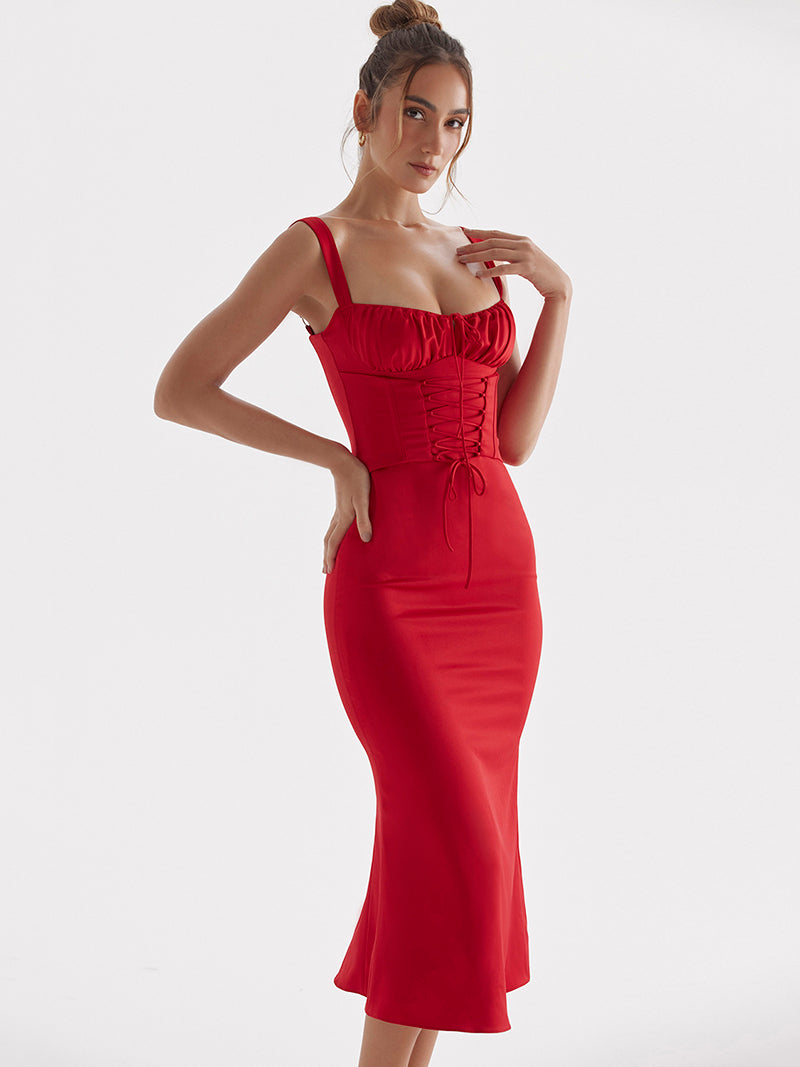 Red Front Strap Backless Dress