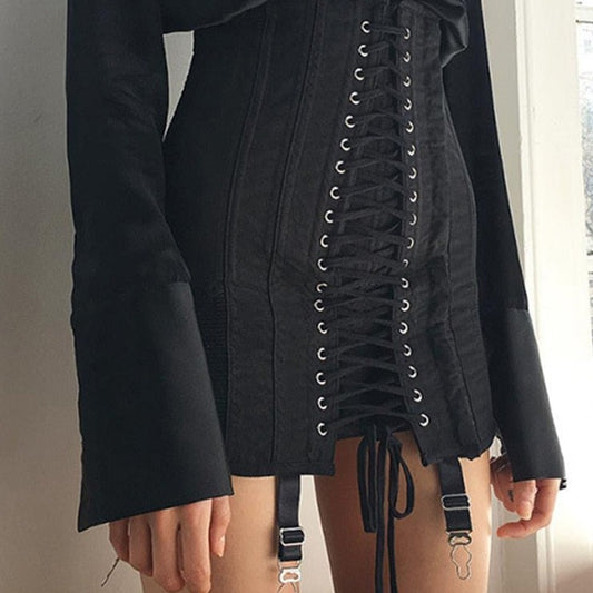 Black Ripped Lace-up Mini Skirt