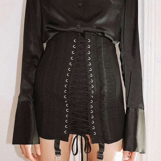 Black Ripped Lace-up Mini Skirt