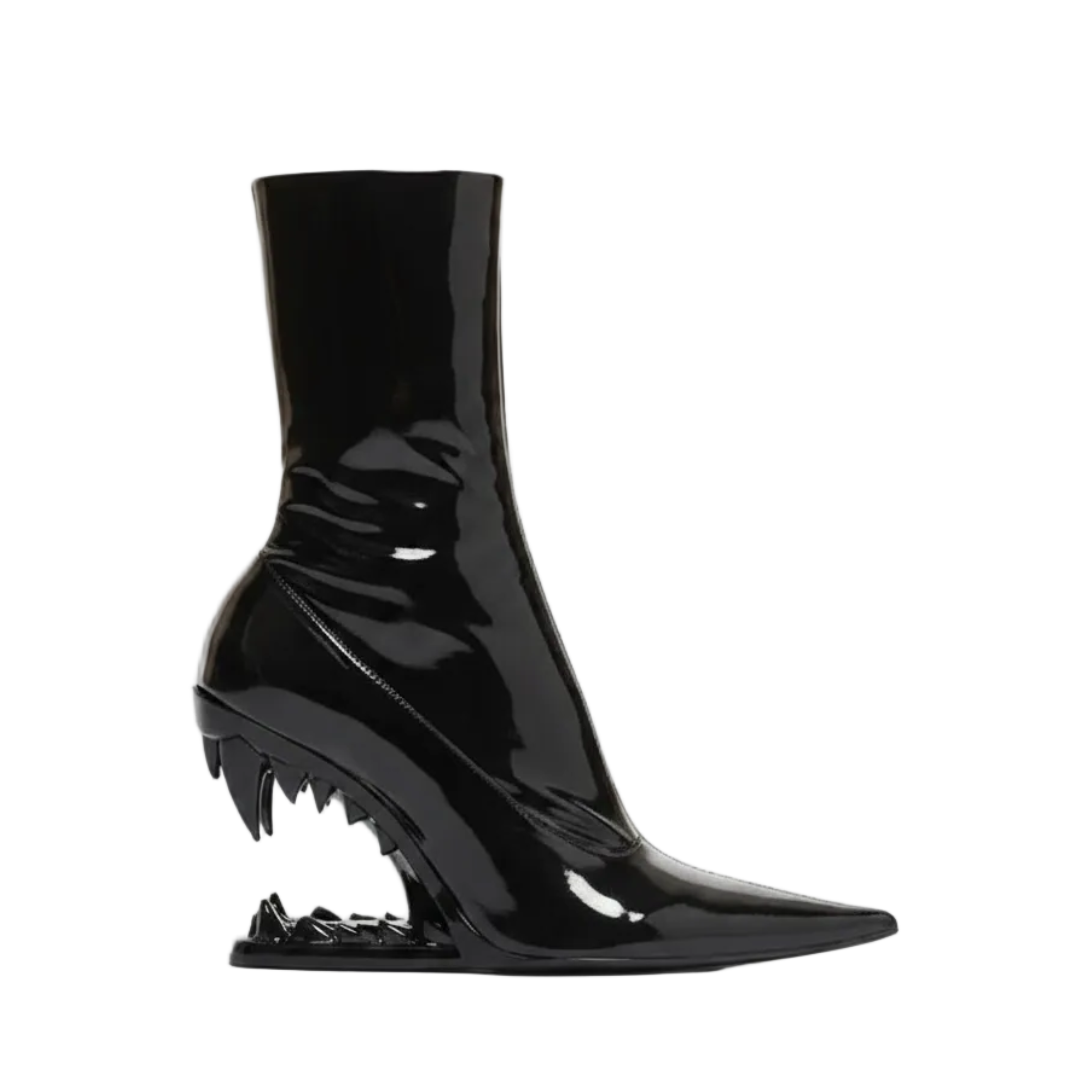 Black Patent Leather Ankle Boots with Black Fang Heel