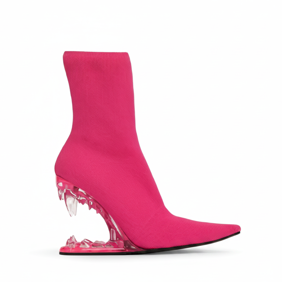 Pink Knit Ankle Boots with Transparent Pink Fang Heel