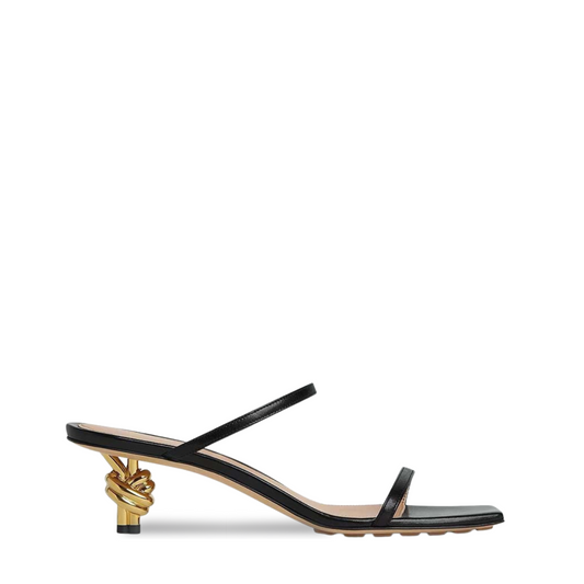 Black Strappy Sandals with Gold Knot Kitten Heel