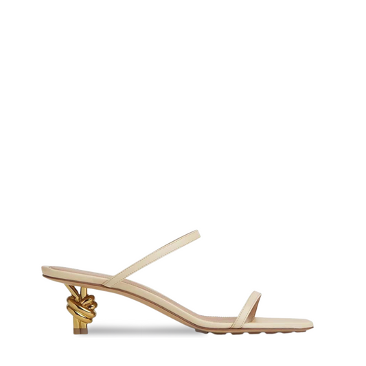 Beige Strappy Sandals with Gold Knot Kitten Heel