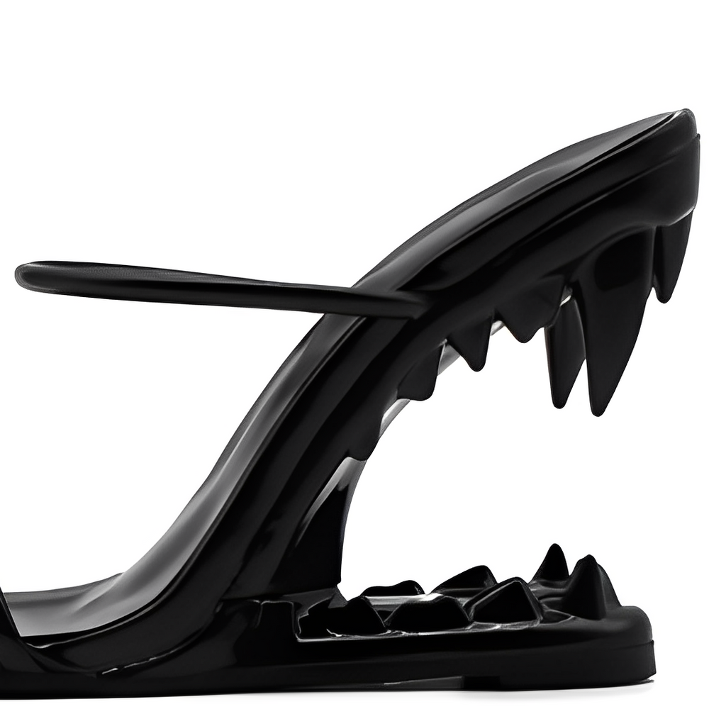 Black Patent Leather High Heeled Fang Sandals