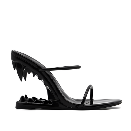 Black Patent Leather High Heeled Fang Sandals