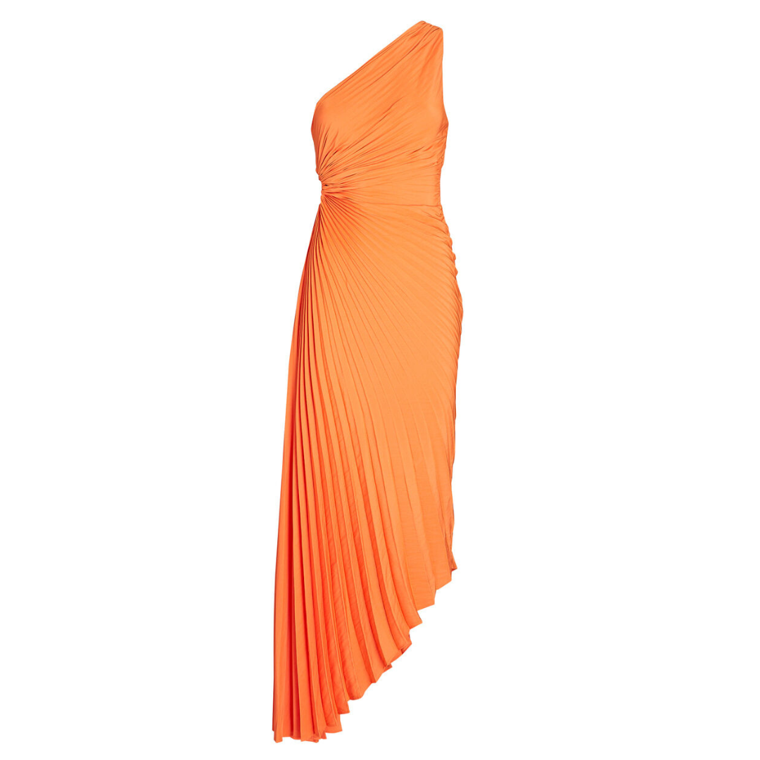 Orange One Shoulder Pleated Dress