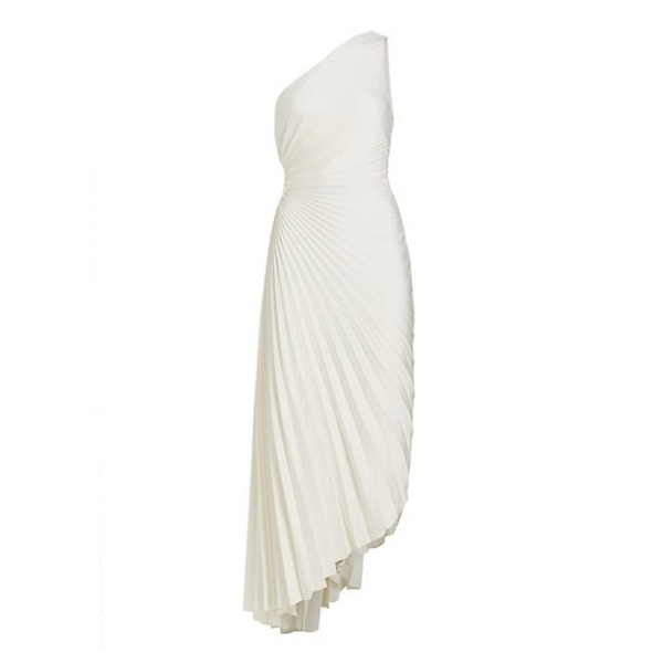 ivy pleated one shoulder dress in white Zora One Shoulder Pleated Midi Dress