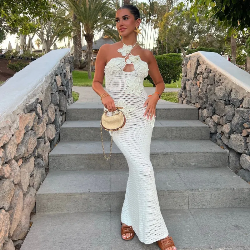 White Halter Neck Flower Crochet Dress – ADONIS BOUTIQUE