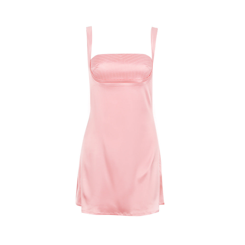 Pink Square Neck Satin Mini Dress