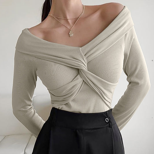 Beige Cross Front Long Sleeve Knitted Top