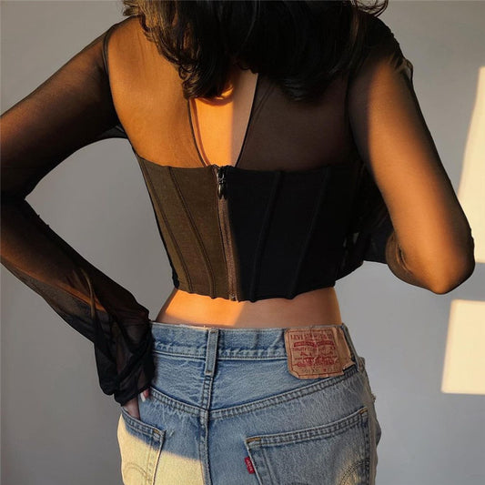 Black Corset Top Mesh Sleeve