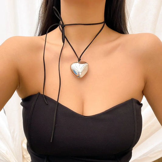 Silver Exaggerated Love Pendant Velvet String Necklace
