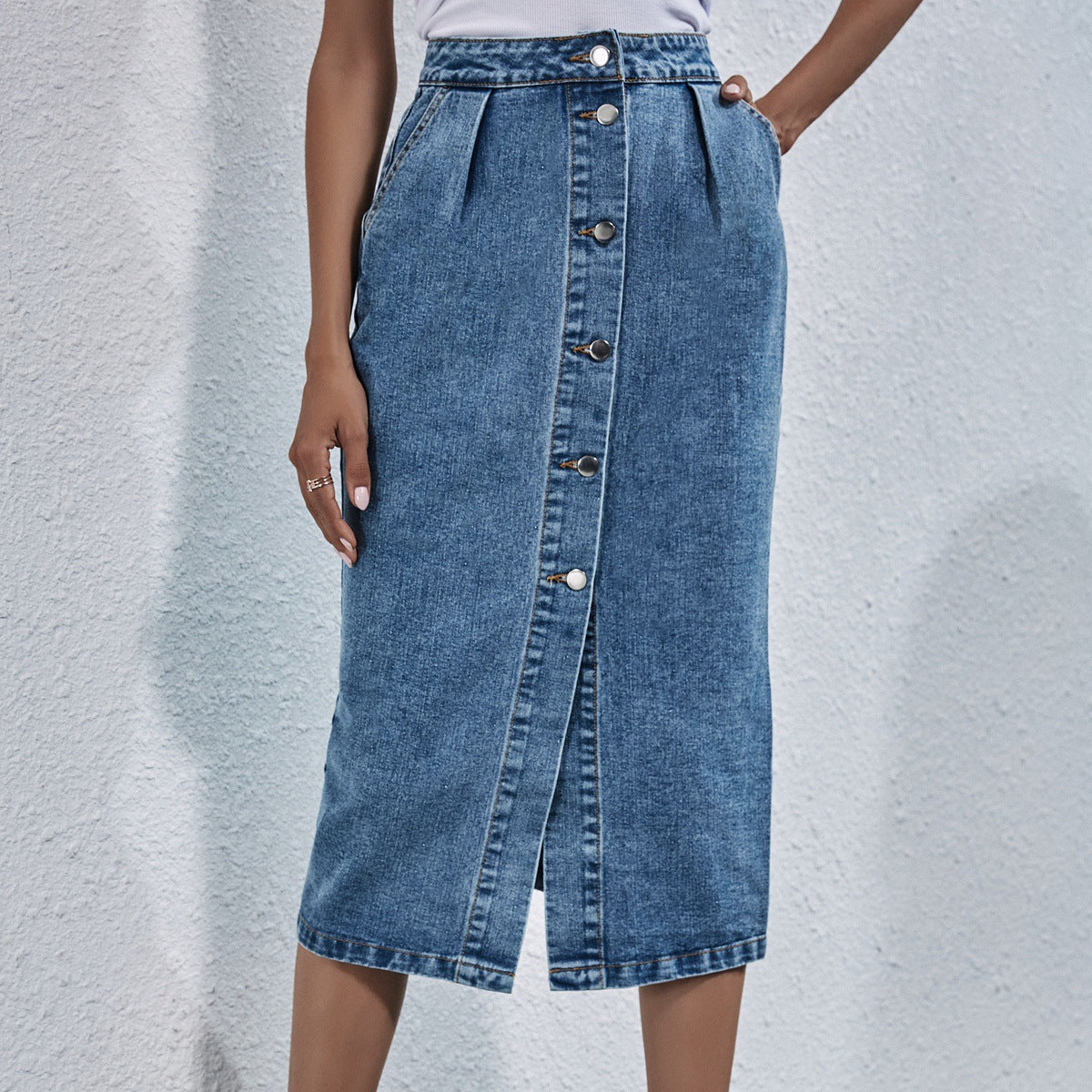 Blue Denim Button Up High Waist Front Split Skirt