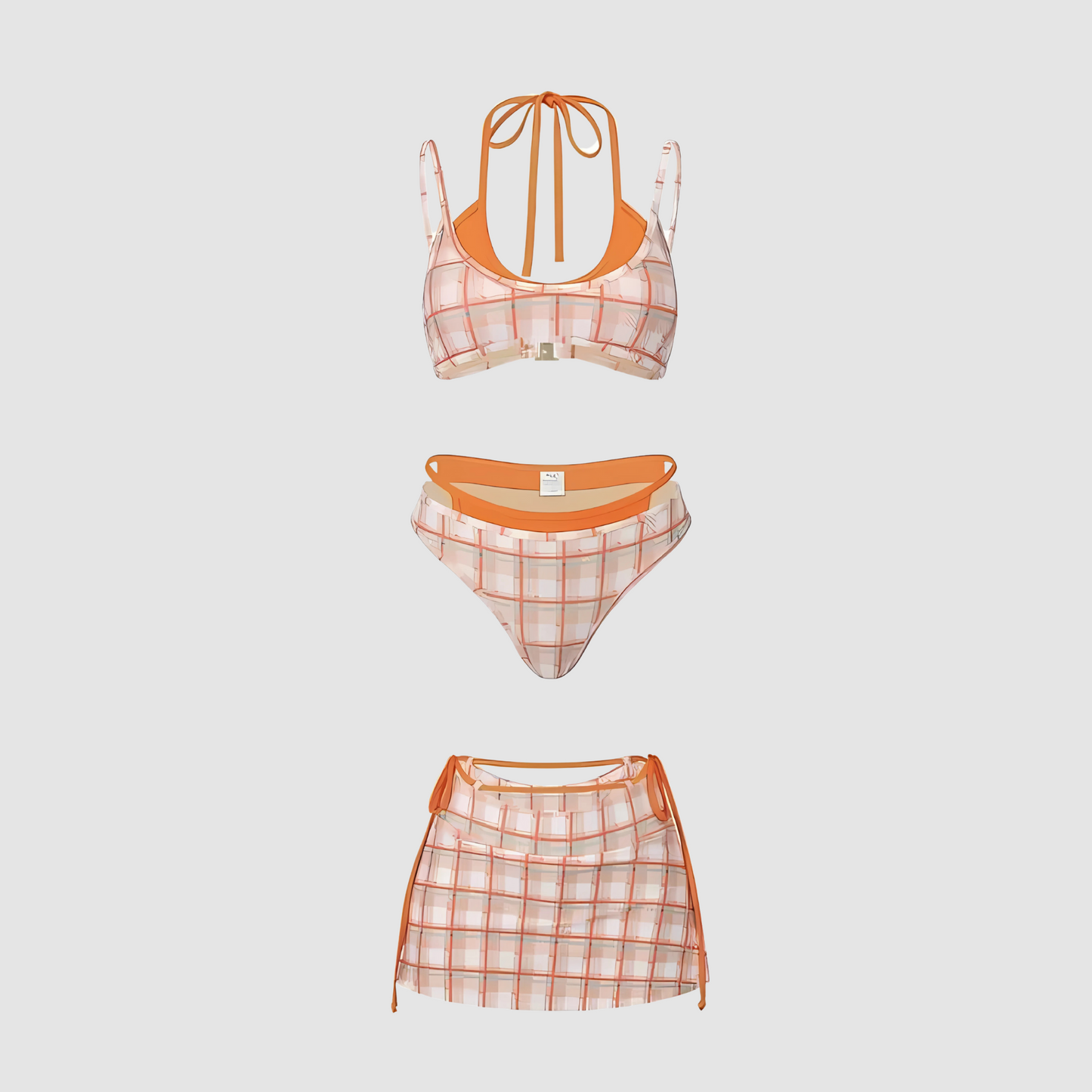 Orange 3-Piece Plaid Bikini Set with Tie Skirt