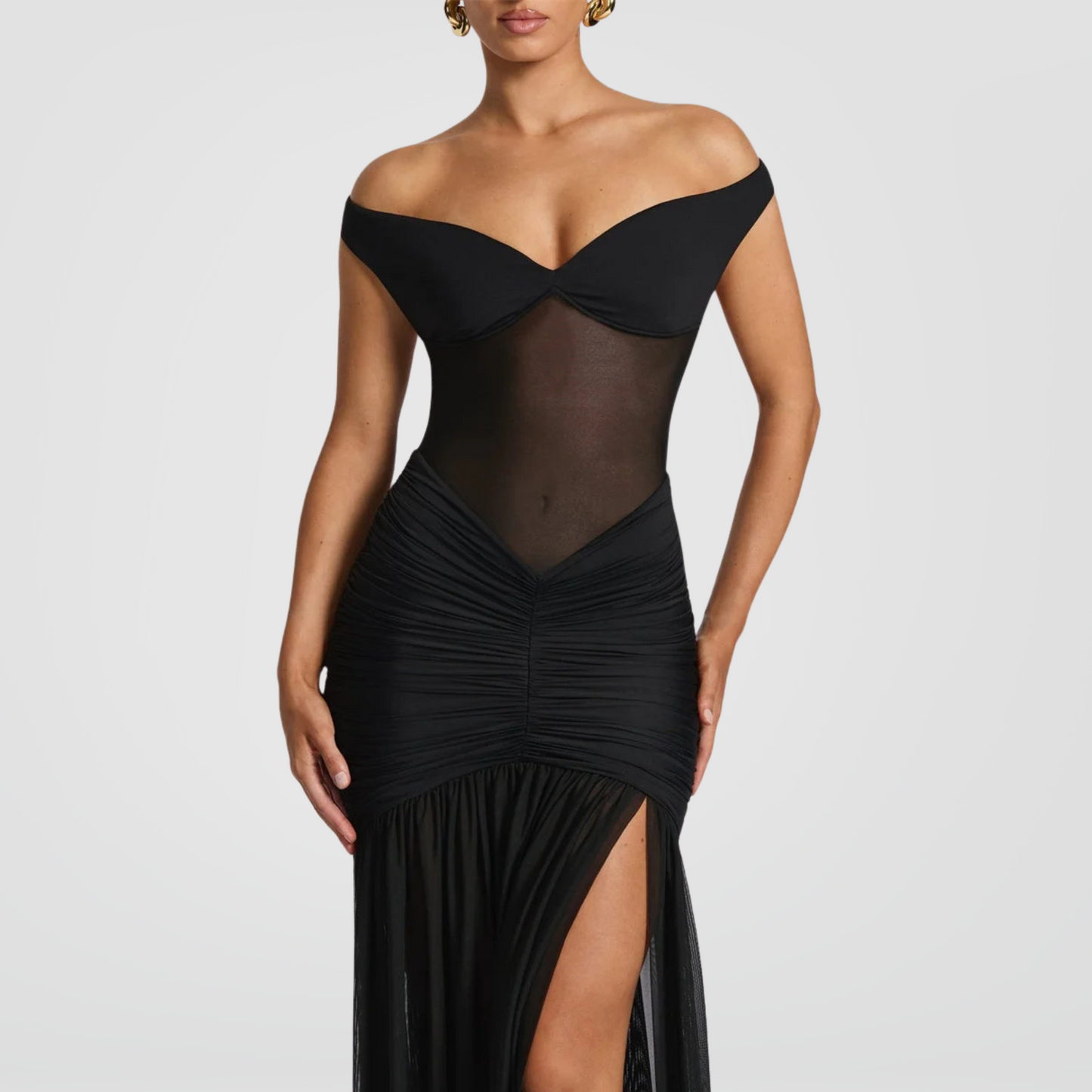 Black Off-Shoulder Gown with High Slit