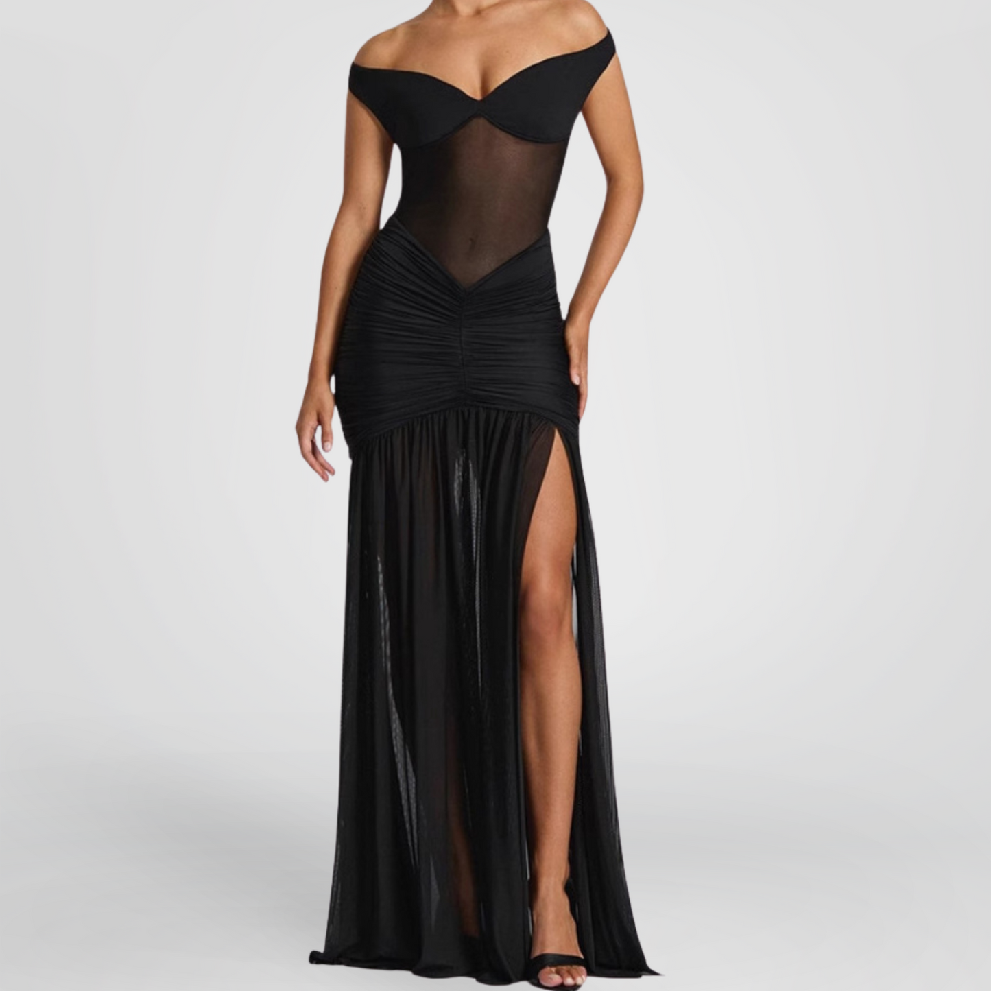 Black Off-Shoulder Gown with High Slit