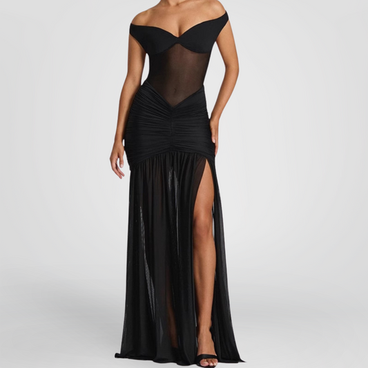 Black Off-Shoulder Gown with High Slit